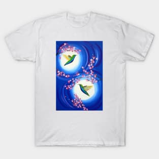 Blue, white, flowers and hummingbirds T-Shirt